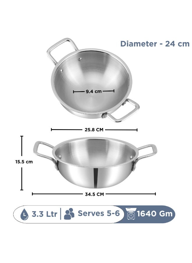 Kraft قدر كرافت فيوتيرتيك ثلاثي الفولاذ المقاوم للصدأ مع غطاء سعة 3.3 لتر (24 سم)، سمك 2.5 مم، قدر عميق إضافي | للعائلات الكبيرة والطهي الاحتفالي | توزيع حراري متساوي - Image 3